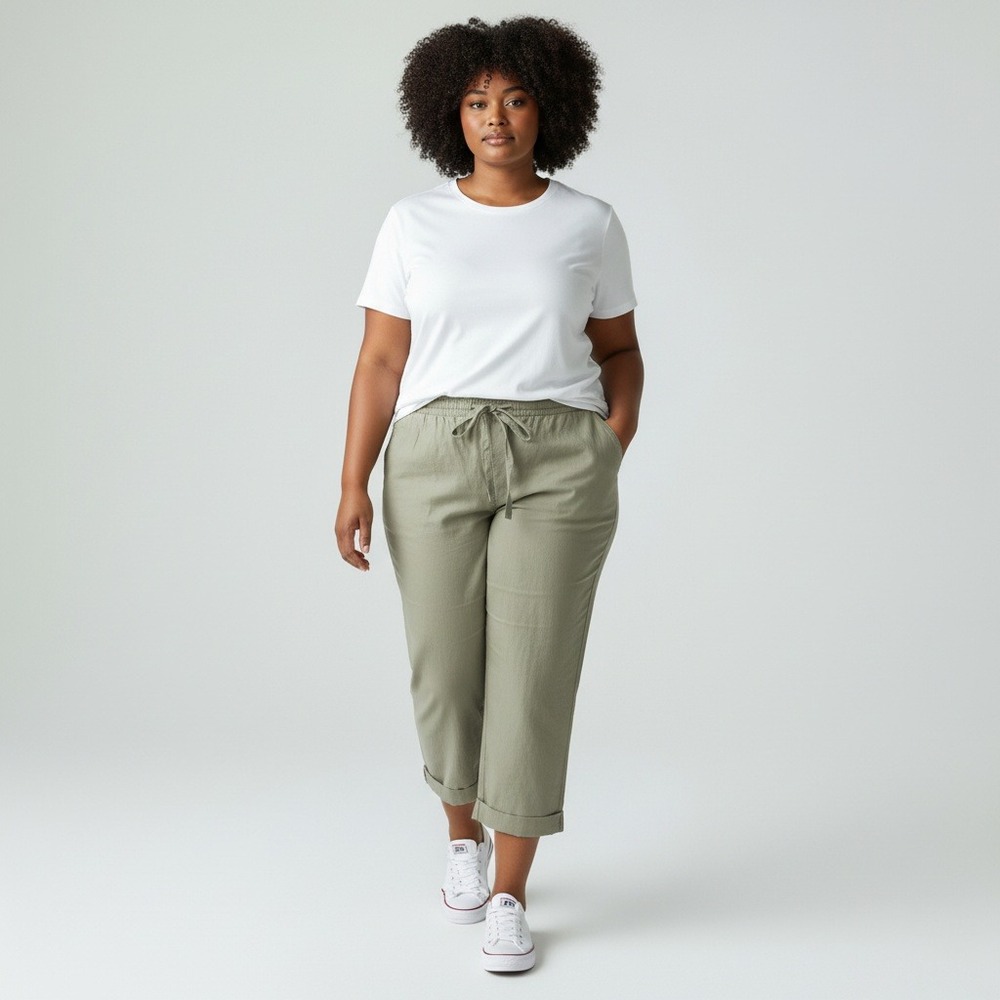 Cotton Tencel Blend Cropped Drawstring Pants Sage Green Cuffed Hem Relaxed Fit